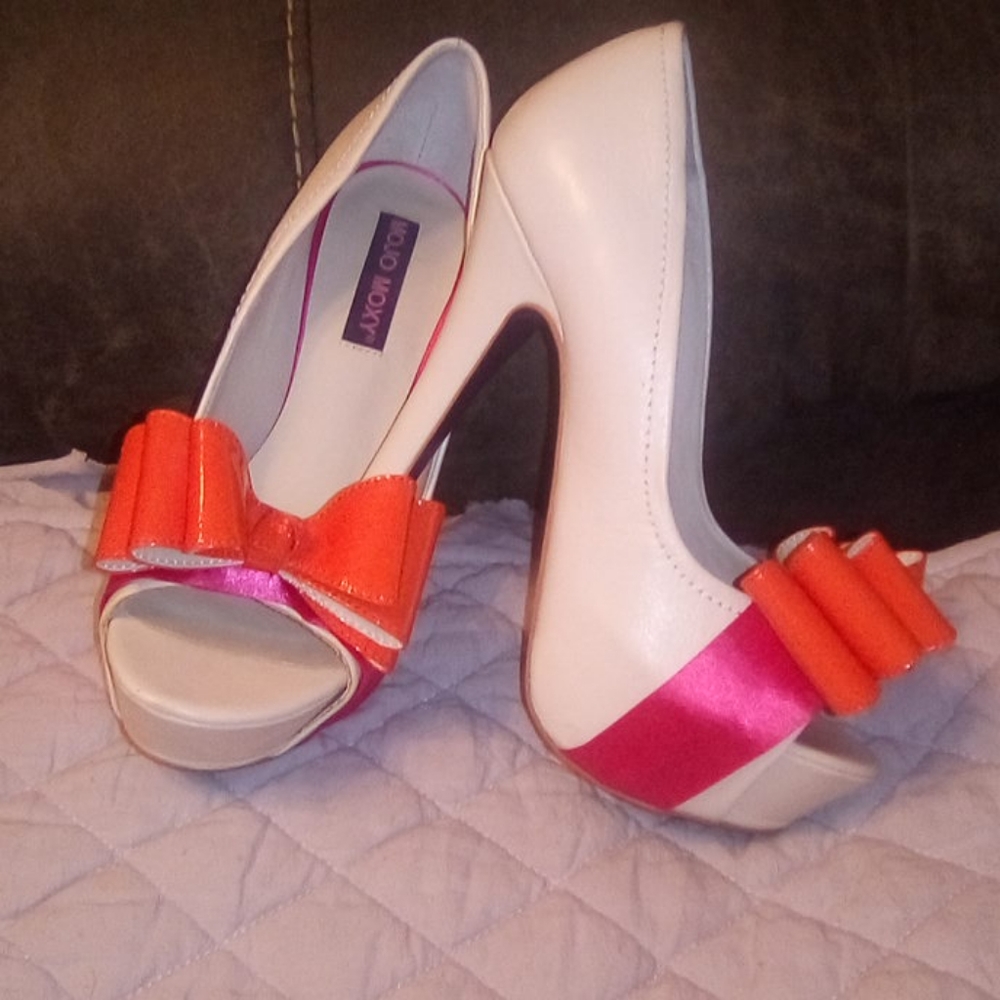Mojo Moxy 4 inch cream, orange, hot pink high heals
